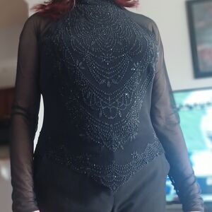 Tadashi Shoji Black Beaded & Mesh Blouse Size L